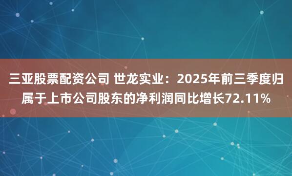 三亚股票配资公司 世龙实业：2025年前三季度归属于上市公司股东的净利润同比增长72.11%